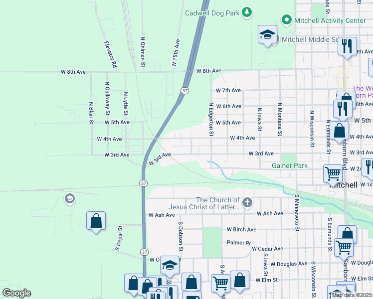 map of restaurants, bars, coffee shops, grocery stores, and more near 1300 West 3rd Avenue in Mitchell