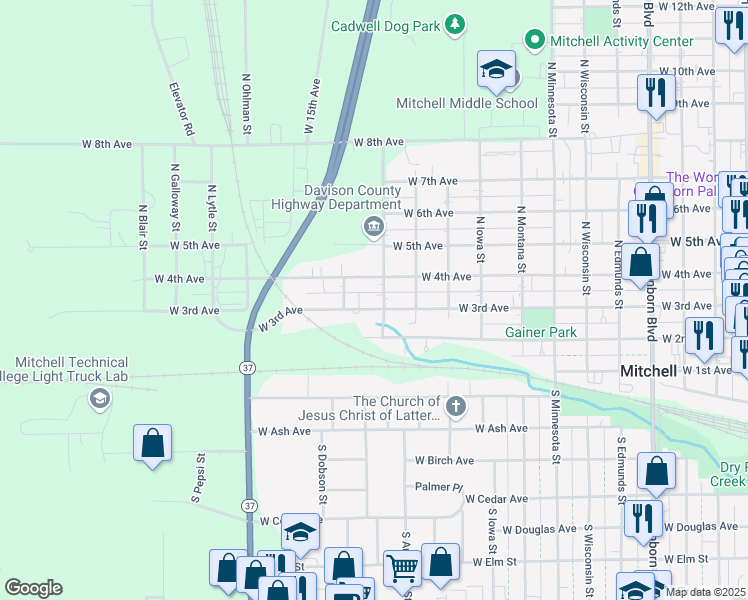 map of restaurants, bars, coffee shops, grocery stores, and more near 1204 West 3rd Avenue in Mitchell
