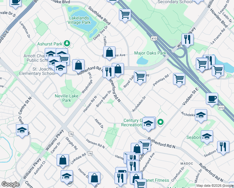 map of restaurants, bars, coffee shops, grocery stores, and more near 252 Rutherford Road North in Brampton