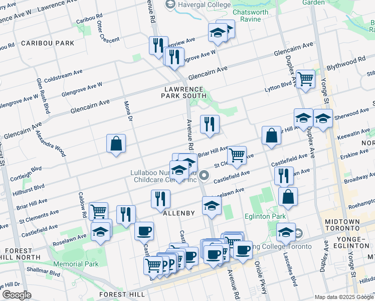 map of restaurants, bars, coffee shops, grocery stores, and more near 1196 Avenue Road in Toronto