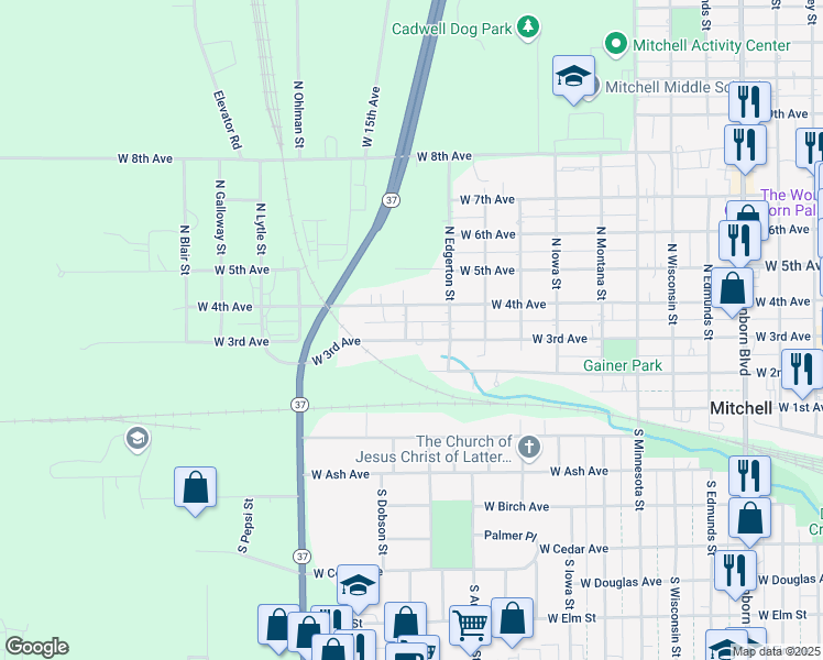map of restaurants, bars, coffee shops, grocery stores, and more near 1300 West 3rd Avenue in Mitchell