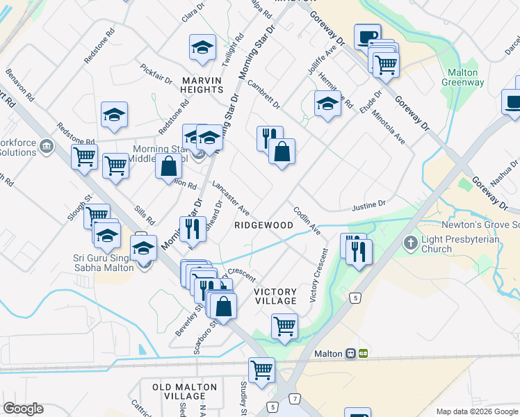 map of restaurants, bars, coffee shops, grocery stores, and more near 7175 Reindeer Drive in Mississauga