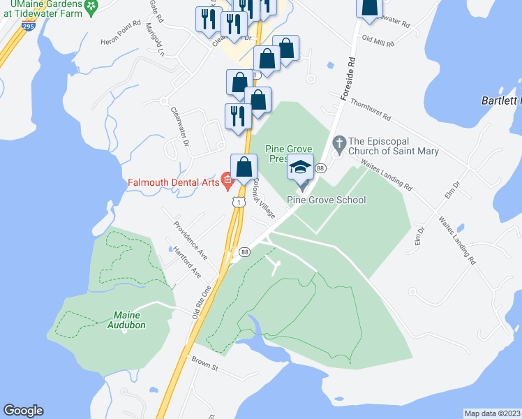 map of restaurants, bars, coffee shops, grocery stores, and more near 61 Colonial Village in Falmouth