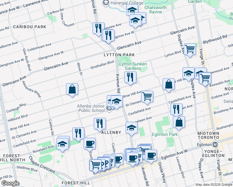 map of restaurants, bars, coffee shops, grocery stores, and more near in Toronto