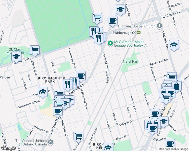 map of restaurants, bars, coffee shops, grocery stores, and more near 39 Kilmarnock Avenue in Toronto