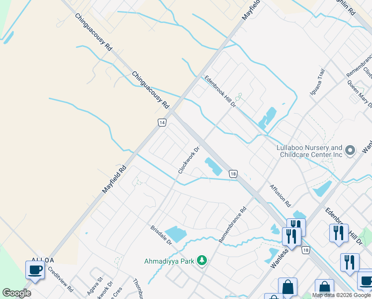 map of restaurants, bars, coffee shops, grocery stores, and more near 5 Labrish Road in Brampton