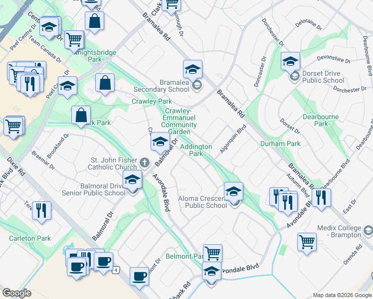 map of restaurants, bars, coffee shops, grocery stores, and more near 22 Addington Crescent in Brampton