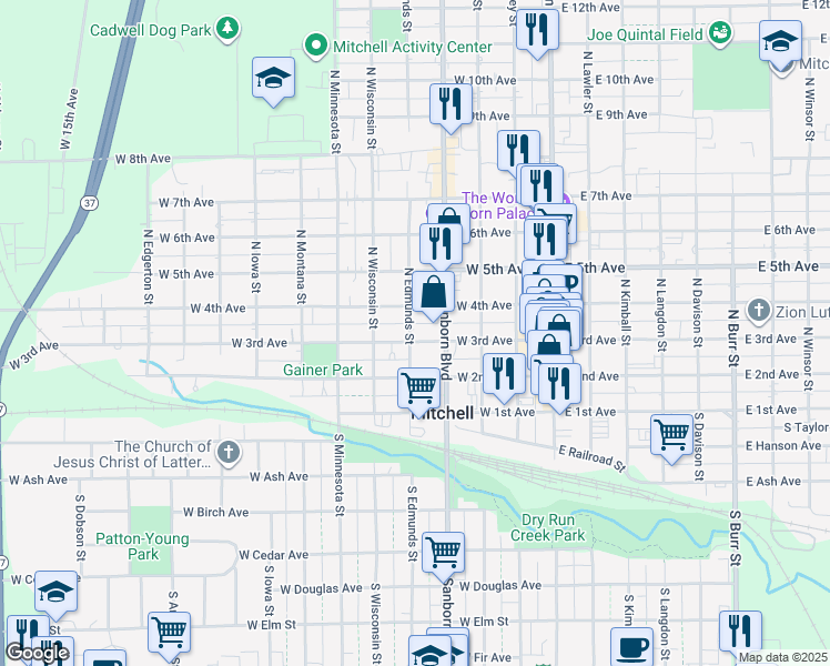 map of restaurants, bars, coffee shops, grocery stores, and more near 422 West 3rd Avenue in Mitchell