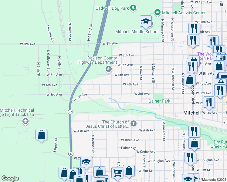 map of restaurants, bars, coffee shops, grocery stores, and more near 1204 West 3rd Avenue in Mitchell