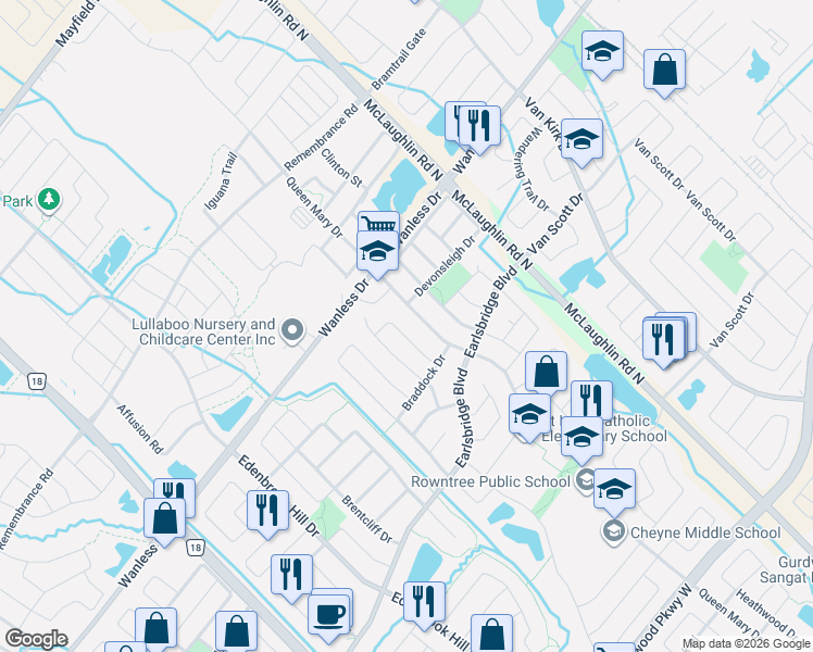map of restaurants, bars, coffee shops, grocery stores, and more near 27 Savita Road in Brampton
