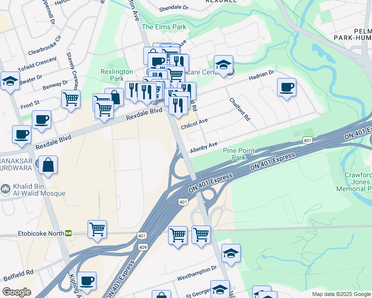 map of restaurants, bars, coffee shops, grocery stores, and more near 2 Allenby Avenue in Toronto