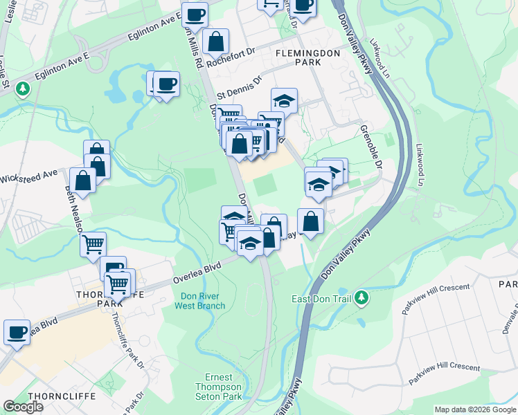 map of restaurants, bars, coffee shops, grocery stores, and more near 735 Don Mills Road in Toronto