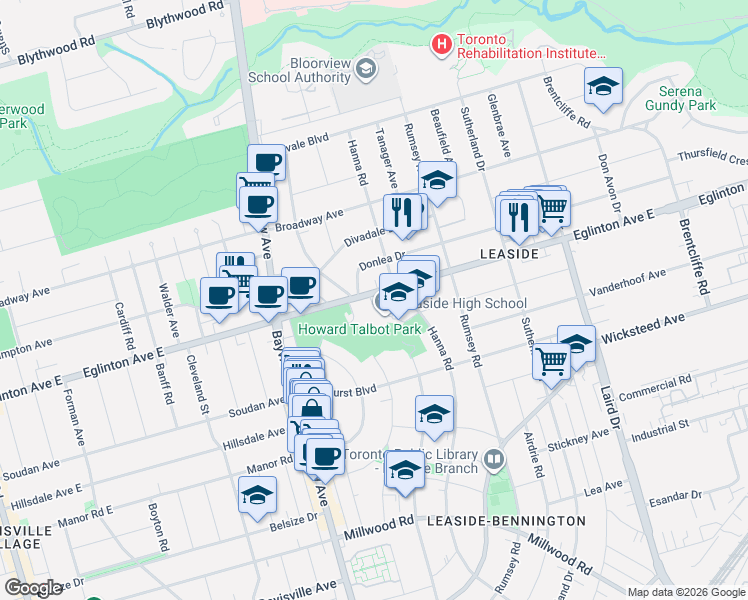 map of restaurants, bars, coffee shops, grocery stores, and more near in Toronto
