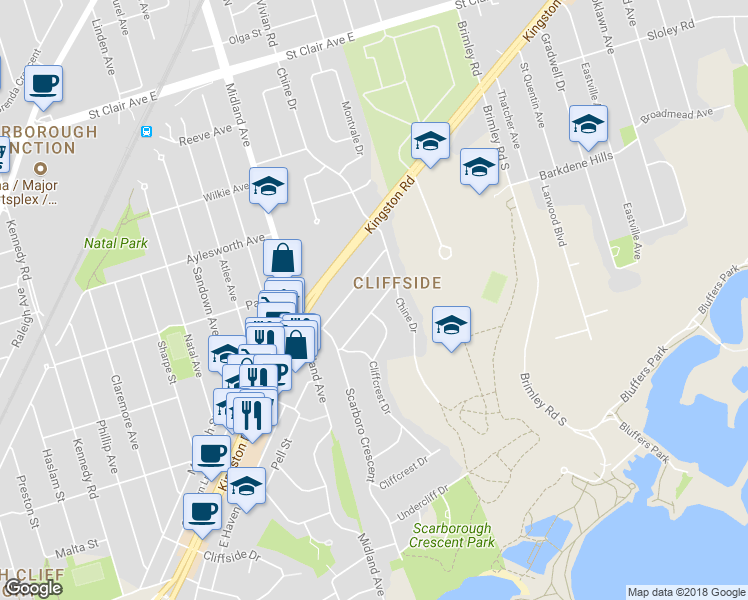 map of restaurants, bars, coffee shops, grocery stores, and more near in Toronto