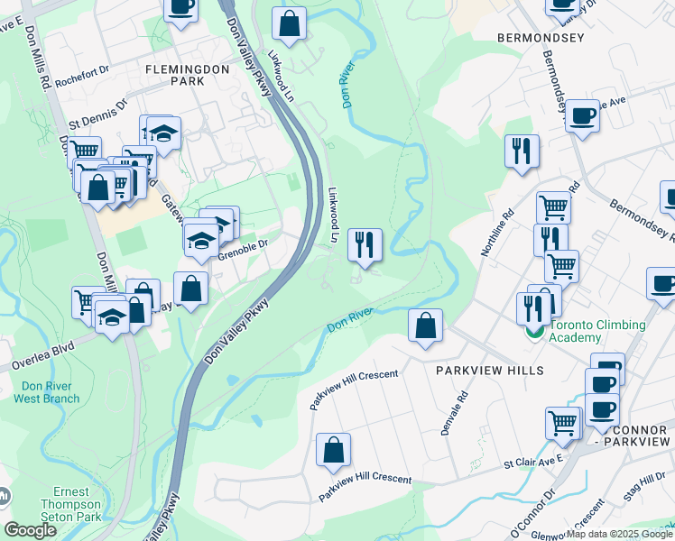 map of restaurants, bars, coffee shops, grocery stores, and more near in Toronto
