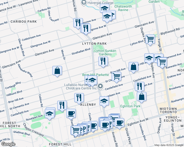 map of restaurants, bars, coffee shops, grocery stores, and more near in Toronto