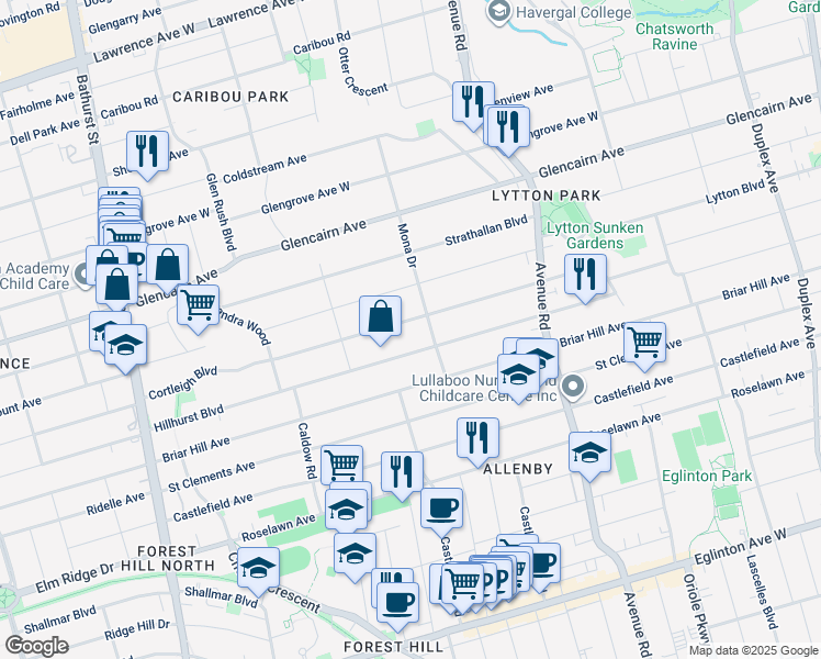 map of restaurants, bars, coffee shops, grocery stores, and more near in Toronto