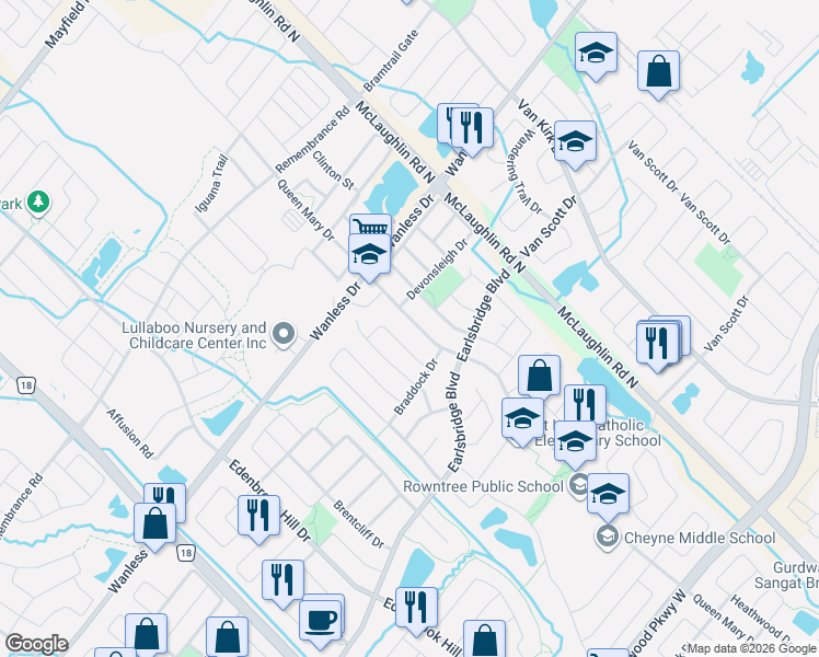 map of restaurants, bars, coffee shops, grocery stores, and more near 364 Queen Mary Drive in Brampton