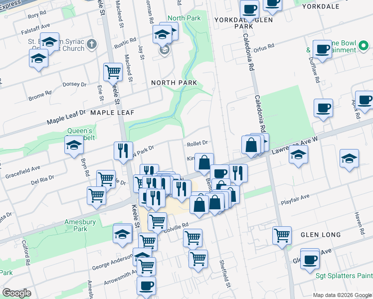map of restaurants, bars, coffee shops, grocery stores, and more near 33 Redberry Parkway in Toronto