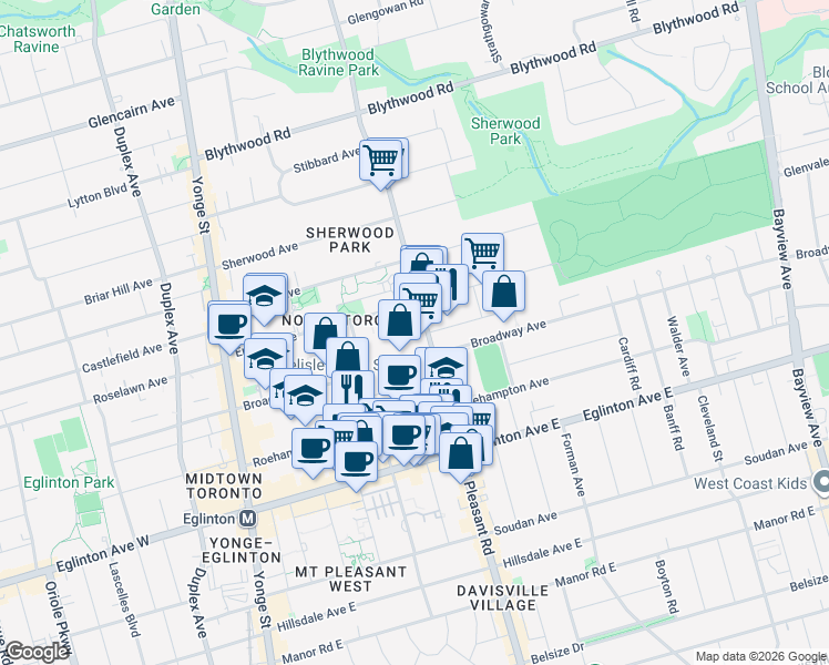 map of restaurants, bars, coffee shops, grocery stores, and more near 900 Mount Pleasant Road in Toronto