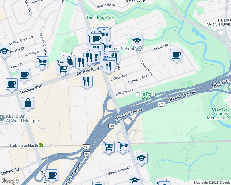 map of restaurants, bars, coffee shops, grocery stores, and more near 8 Allenby Avenue in Toronto