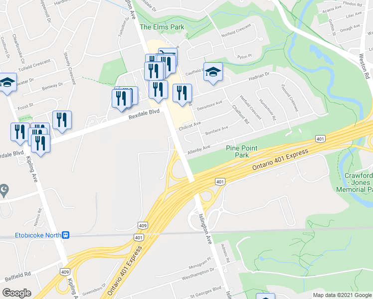 map of restaurants, bars, coffee shops, grocery stores, and more near 8 Allenby Avenue in Toronto