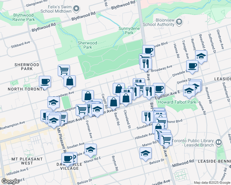 map of restaurants, bars, coffee shops, grocery stores, and more near 30 Walder Avenue in Toronto