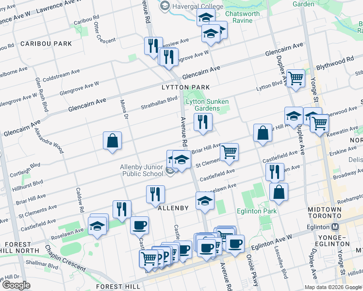 map of restaurants, bars, coffee shops, grocery stores, and more near in Toronto