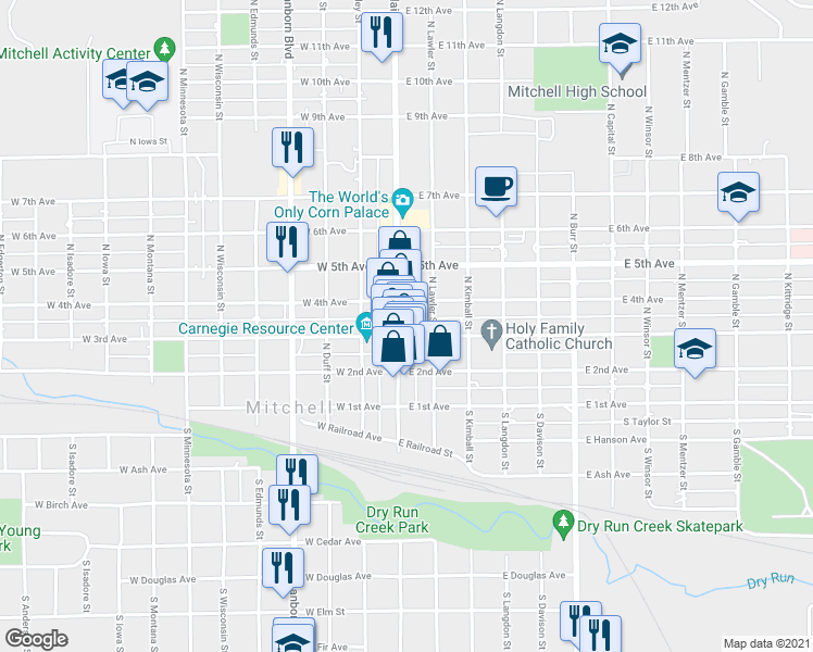 map of restaurants, bars, coffee shops, grocery stores, and more near 304 North Main Street in Mitchell