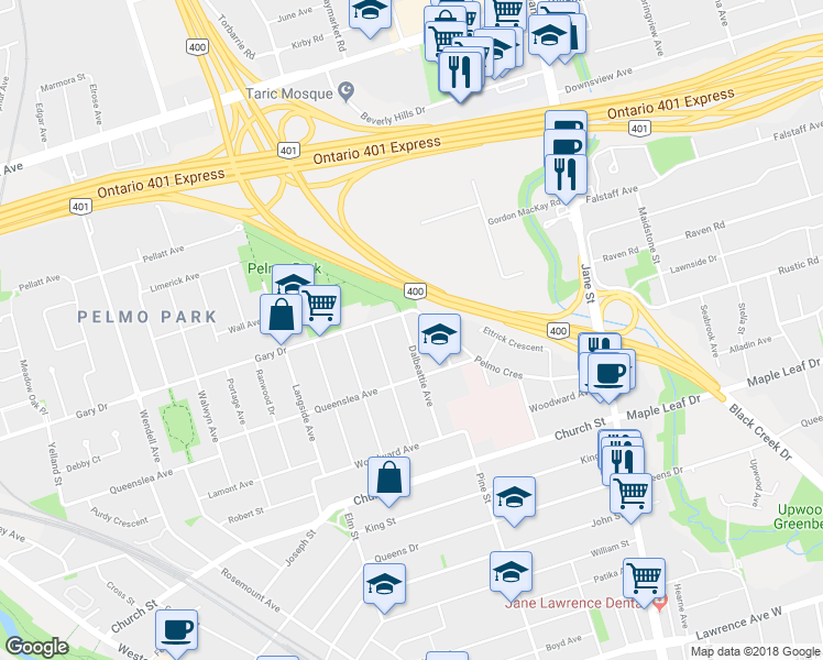 map of restaurants, bars, coffee shops, grocery stores, and more near 59 Dalbeattie Avenue in Toronto