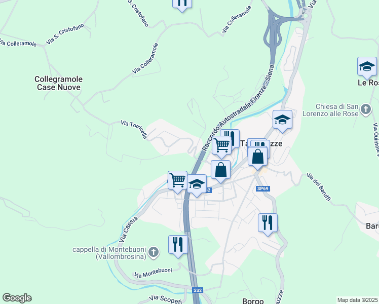 map of restaurants, bars, coffee shops, grocery stores, and more near 3 Via Torricella in Tavarnuzze