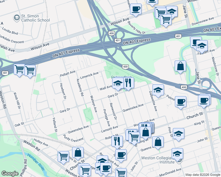 map of restaurants, bars, coffee shops, grocery stores, and more near 19 Wall Avenue in Toronto