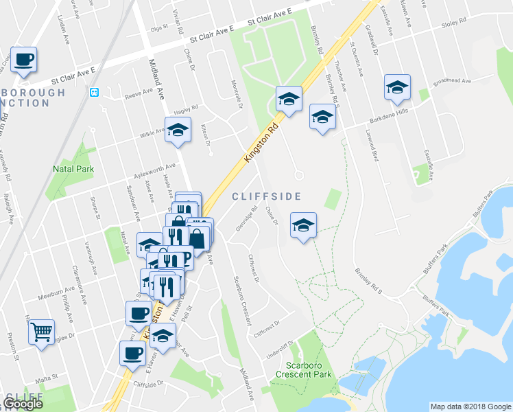 map of restaurants, bars, coffee shops, grocery stores, and more near 72 Glenridge Road in Toronto