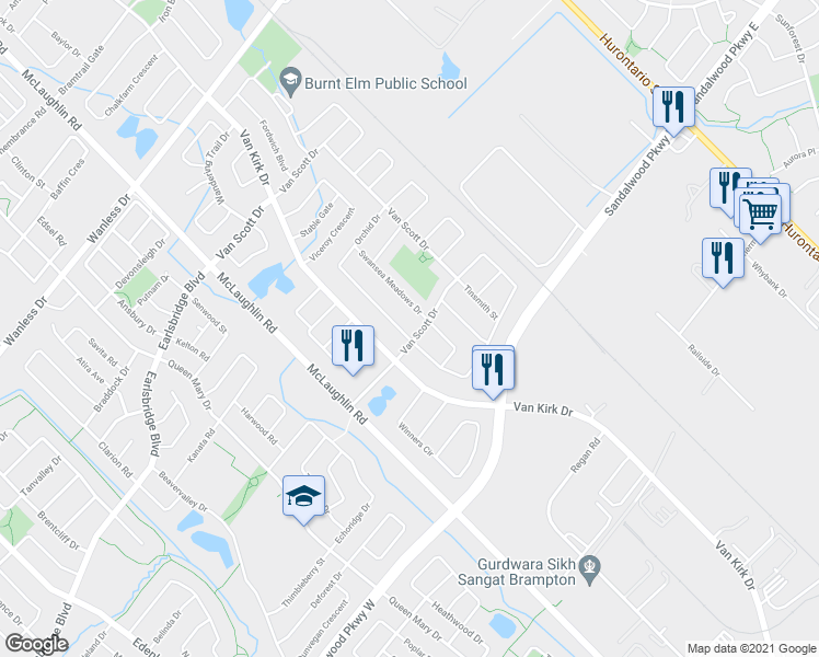 map of restaurants, bars, coffee shops, grocery stores, and more near 3 Orchid Drive in Brampton