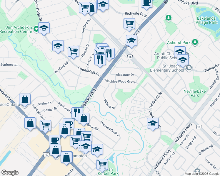 map of restaurants, bars, coffee shops, grocery stores, and more near 137 Valonia Drive in Brampton