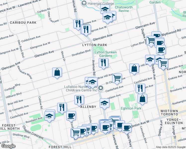 map of restaurants, bars, coffee shops, grocery stores, and more near 1198 Avenue Road in Toronto