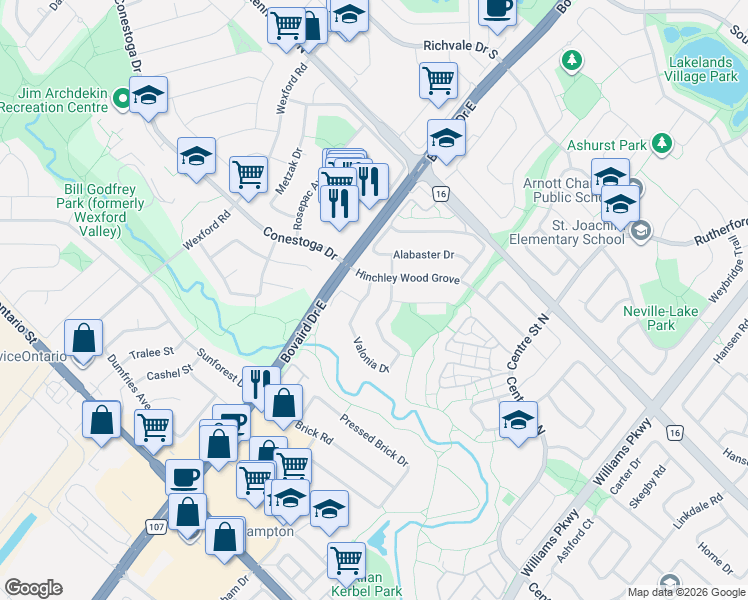 map of restaurants, bars, coffee shops, grocery stores, and more near 145 Valonia Drive in Brampton