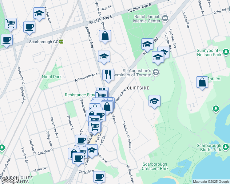 map of restaurants, bars, coffee shops, grocery stores, and more near in Toronto