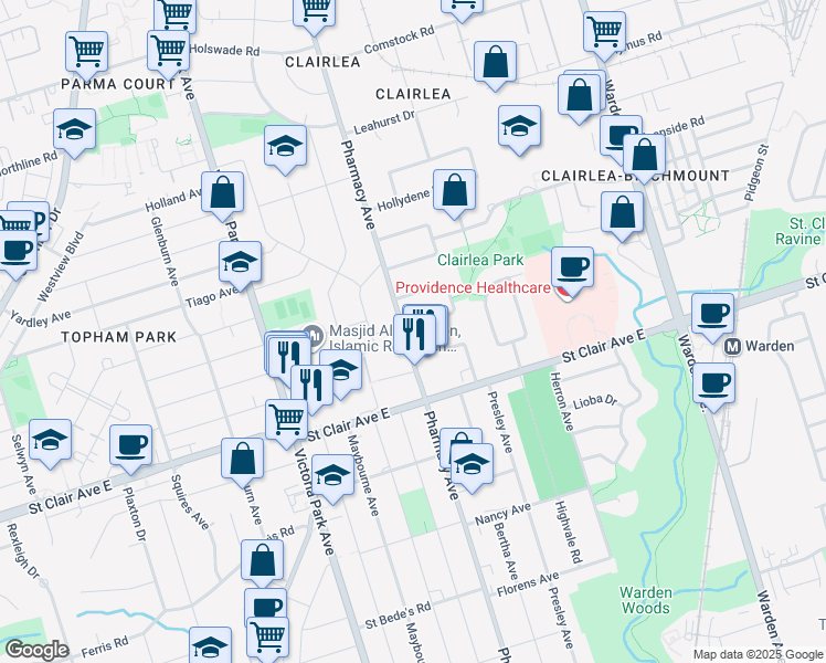 map of restaurants, bars, coffee shops, grocery stores, and more near in Toronto