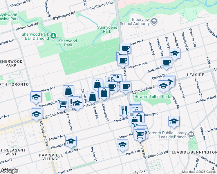 map of restaurants, bars, coffee shops, grocery stores, and more near in Toronto