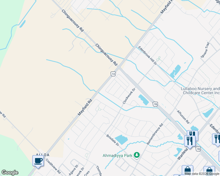 map of restaurants, bars, coffee shops, grocery stores, and more near 37 Backwater Trail in Brampton