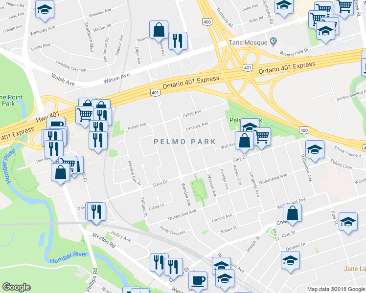 map of restaurants, bars, coffee shops, grocery stores, and more near 24 Academy Road in Toronto