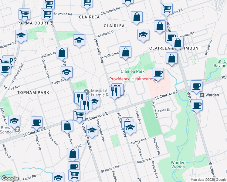 map of restaurants, bars, coffee shops, grocery stores, and more near 657 Pharmacy Avenue in Toronto