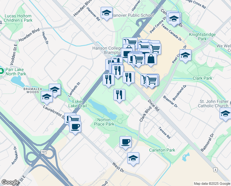 map of restaurants, bars, coffee shops, grocery stores, and more near 2 Silver Maple Court in Brampton
