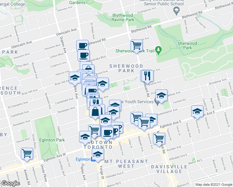 map of restaurants, bars, coffee shops, grocery stores, and more near 88 Erskine Avenue in Toronto