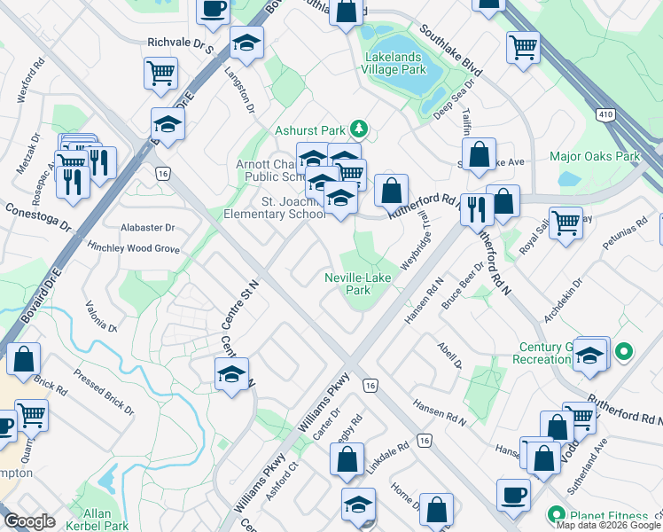 map of restaurants, bars, coffee shops, grocery stores, and more near Weybridge Trail in Brampton