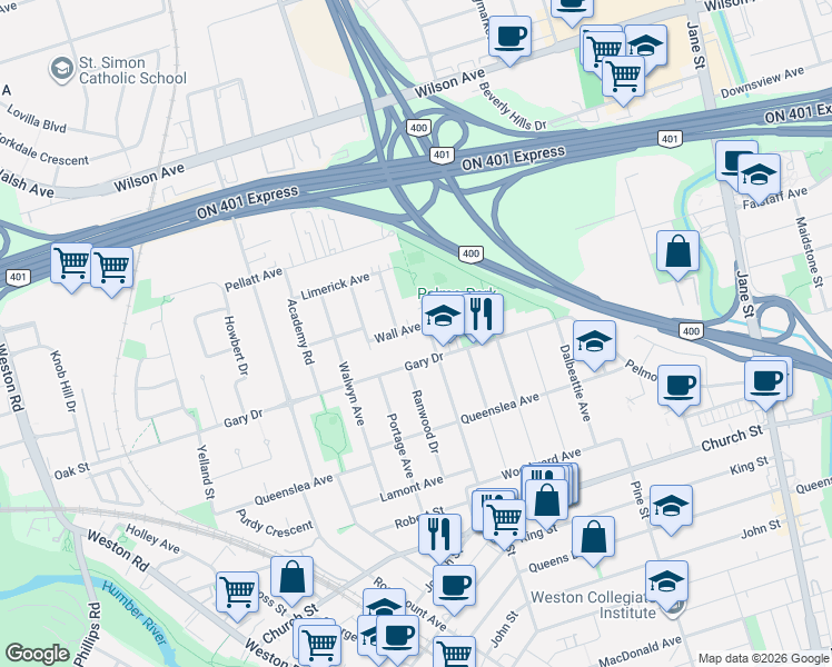 map of restaurants, bars, coffee shops, grocery stores, and more near 19 Wall Avenue in Toronto