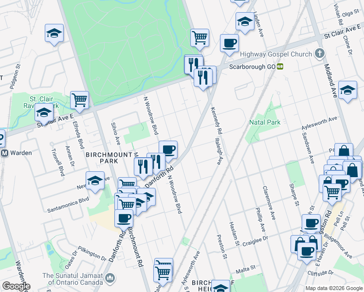 map of restaurants, bars, coffee shops, grocery stores, and more near 2 Marsh Road in Toronto