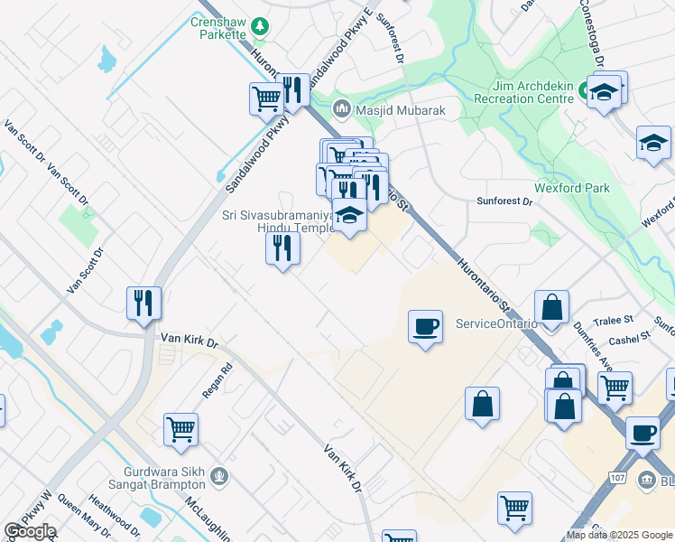 map of restaurants, bars, coffee shops, grocery stores, and more near 443 Railside Drive in Brampton