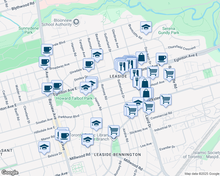 map of restaurants, bars, coffee shops, grocery stores, and more near Parklea Drive in Toronto